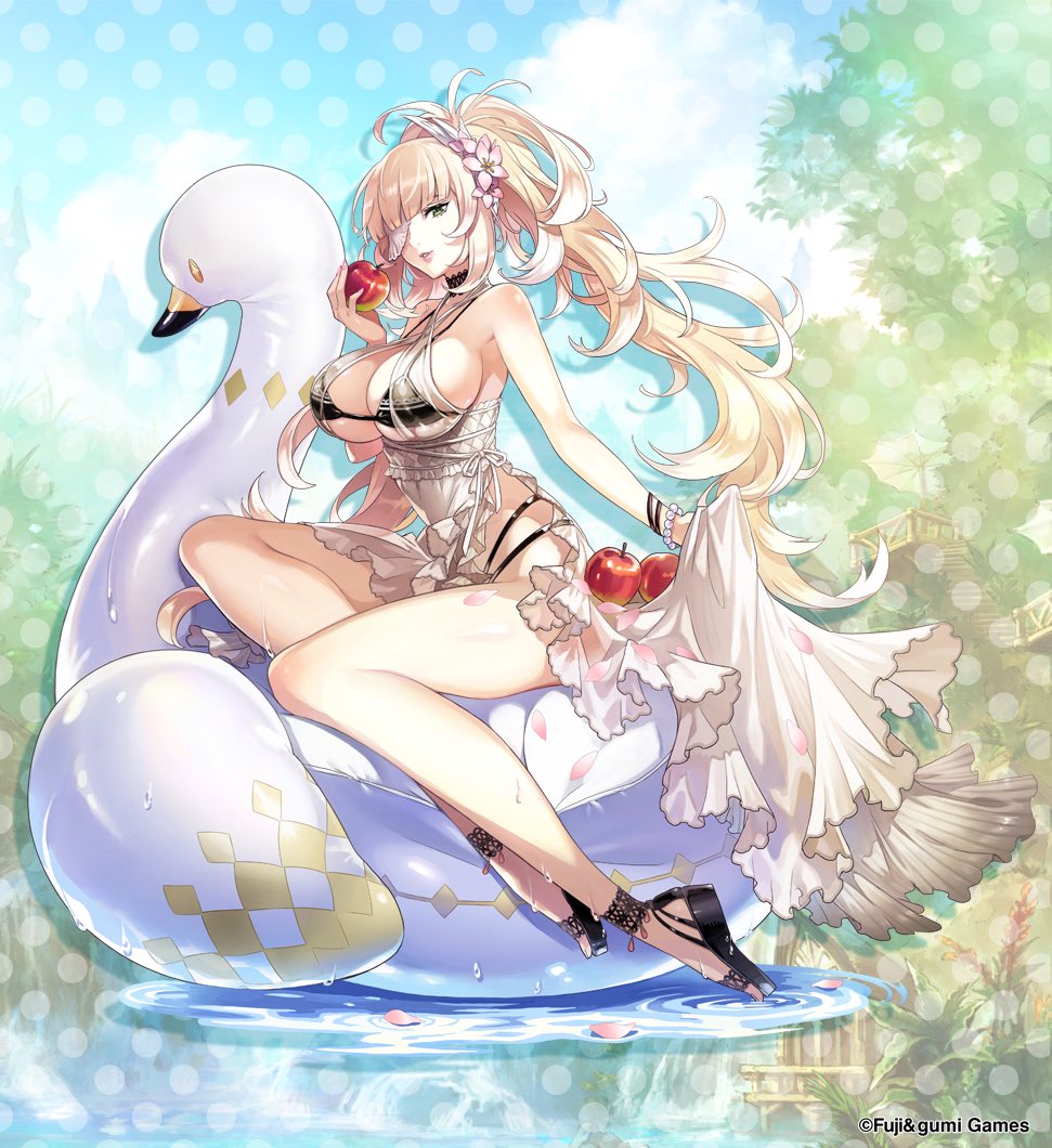 1girl aphrodite_(phantom_of_the_kill) apple bikini bird black_bikini black_footwear blonde_hair breasts eyepatch flower food from_side fruit full_body green_eyes hair_flower hair_ornament holding holding_food holding_fruit innertube long_hair looking_at_viewer no_socks official_alternate_costume official_art parted_lips phantom_of_the_kill pink_flower sandals second-party_source solo swan swim_ring swimsuit thighs very_long_hair