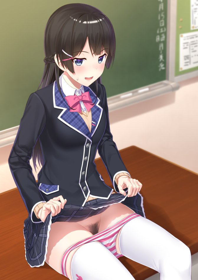 1girl bad_id bad_twitter_id black_hair black_jacket blue_eyes blush bow bowtie braid chalkboard classroom clothes_lift desk ese_shinshi female_pubic_hair grey_skirt hair_ornament hairclip jacket lifting_own_clothes long_hair nijisanji on_desk open_mouth panties panty_pull pink_bow pink_bowtie pubic_hair school_uniform sitting skirt skirt_lift solo striped_clothes striped_panties sweat thighhighs tsukino_mito tsukino_mito_(1st_costume) underwear virtual_youtuber white_thighhighs