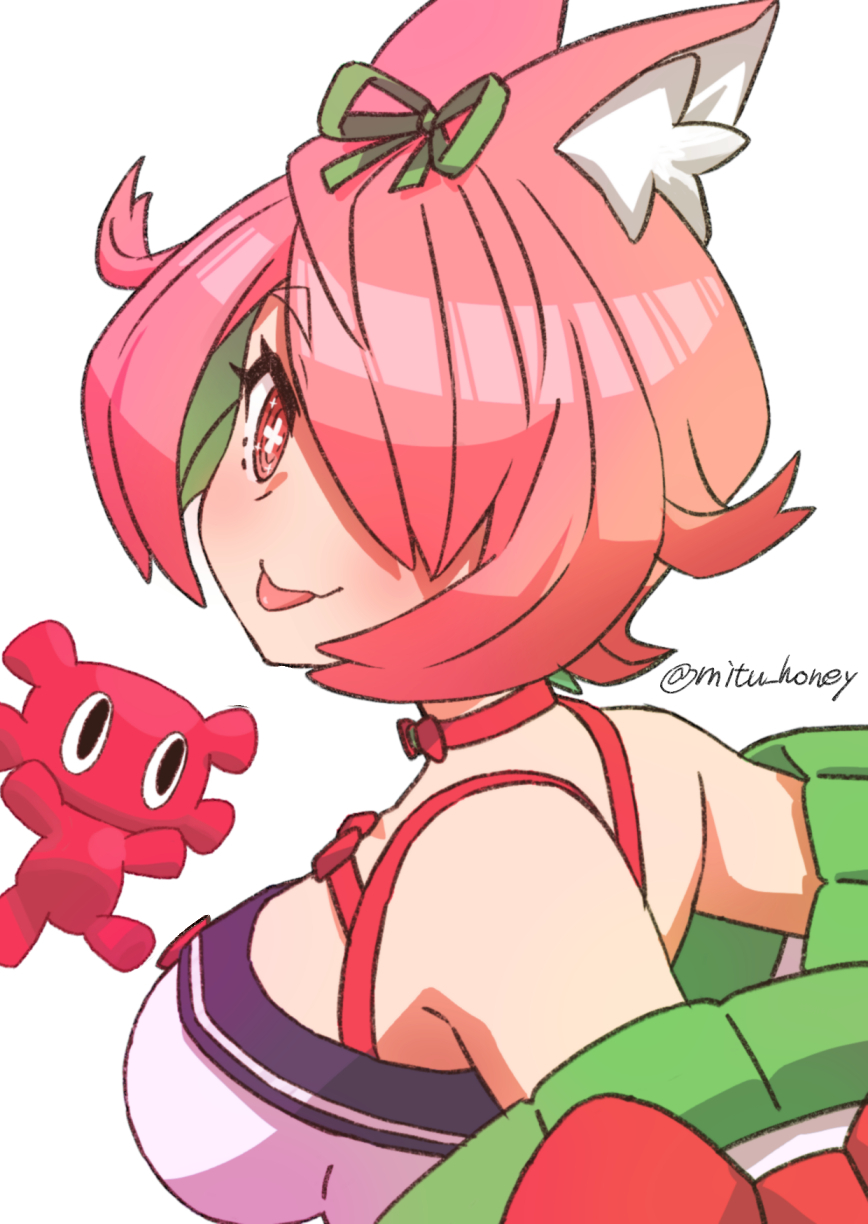 +_+ 1girl animal_ear_fluff animal_ears azuchi_momo azuchi_momo_(1st_costume) bare_shoulders blush bob_cut breasts choker colored_inner_hair commentary_request covering_one_eye green_hair green_jacket green_ribbon hair_over_one_eye hair_ribbon highres hikari_(mitsu_honey) jacket large_breasts looking_at_viewer looking_back medium_hair multicolored_hair nijisanji pink_choker pink_eyes pink_hair ribbon simple_background smile tongue tongue_out two-tone_hair virtual_youtuber white_background