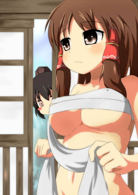 2girls bad_id bad_pixiv_id black_hair blush_stickers breasts brown_hair covered_erect_nipples female_focus hair_tubes hakurei_reimu large_breasts multiple_girls peeking perky_breasts sarashi shameimaru_aya touhou ukami underboob underwear underwear_only undressing yuri