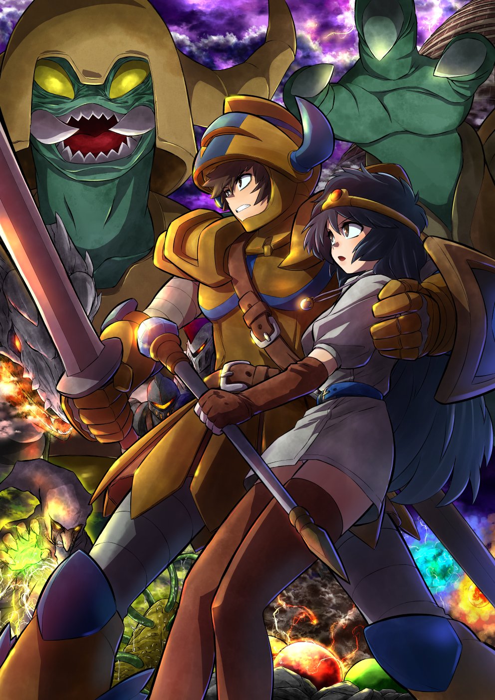 1boy 1girl armor black_hair brown_hair dress druaga_no_tou gilgamesh_(druaga) helmet highres holding holding_sword holding_weapon ki_(druaga) ko_akuman mage_staff monster shield sword weapon white_dress