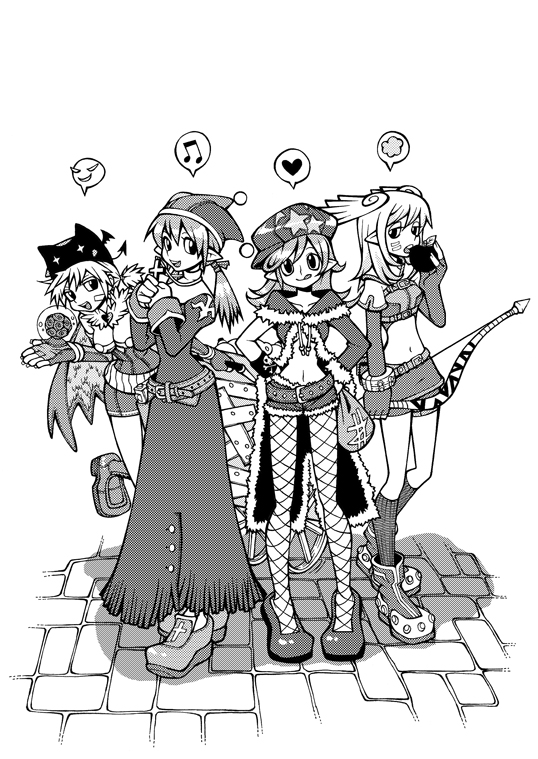 2000s_(style) 4girls alchemist_(ragnarok_online) apple bad_id boots bow_(weapon) breasts brick_floor cabbie_hat cleavage closed_mouth coat commentary_request crop_top cross cross_necklace dated_commentary deviruchi_hat dress eating elbow_gloves fingerless_gloves fishnet_pantyhose fishnets food fruit full_body fur-trimmed_coat fur-trimmed_shorts fur_collar fur_trim gloves greyscale hat hat_ornament heart holding holding_bow_(weapon) holding_food holding_fruit holding_jewelry holding_necklace holding_weapon hunter_(ragnarok_online) jester_cap jewelry juliet_sleeves korean_commentary leaning_forward long_hair long_sleeves looking_at_viewer marine_sphere medium_breasts midriff miniskirt monochrome monster_gogo multiple_girls musical_note navel necklace official_art open_mouth pantyhose pointy_ears priest_(ragnarok_online) puffy_sleeves ragnarok_online rogue_(ragnarok_online) shoes short_dress short_hair short_shorts short_sleeves shorts shorts_under_skirt sideways_hat skirt small_breasts smile spoken_heart spoken_musical_note spoken_smile star_(symbol) star_hat_ornament swept_bangs weapon