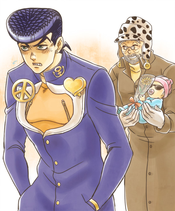 1girl 2boys anchor_(symbol) baby baby_carry beard black_hair carrying facial_hair father&#039;s_day father_and_daughter father_and_son gakuran glasses gloves hat higashikata_josuke jojo_no_kimyou_na_bouken joseph_joestar joseph_joestar_(old) lapel_pin male_focus multiple_boys nora_(act2) old pompadour school_uniform shizuka_joestar sunglasses