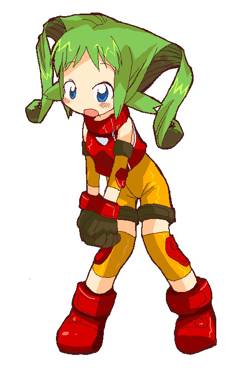 00s 1girl :d black_gloves blue_eyes blush bodysuit clenched_hands elbow_gloves female_focus full_body gloves green_hair long_hair oekaki open_mouth raina skin_tight smile solo solty_rei solty_revant standing