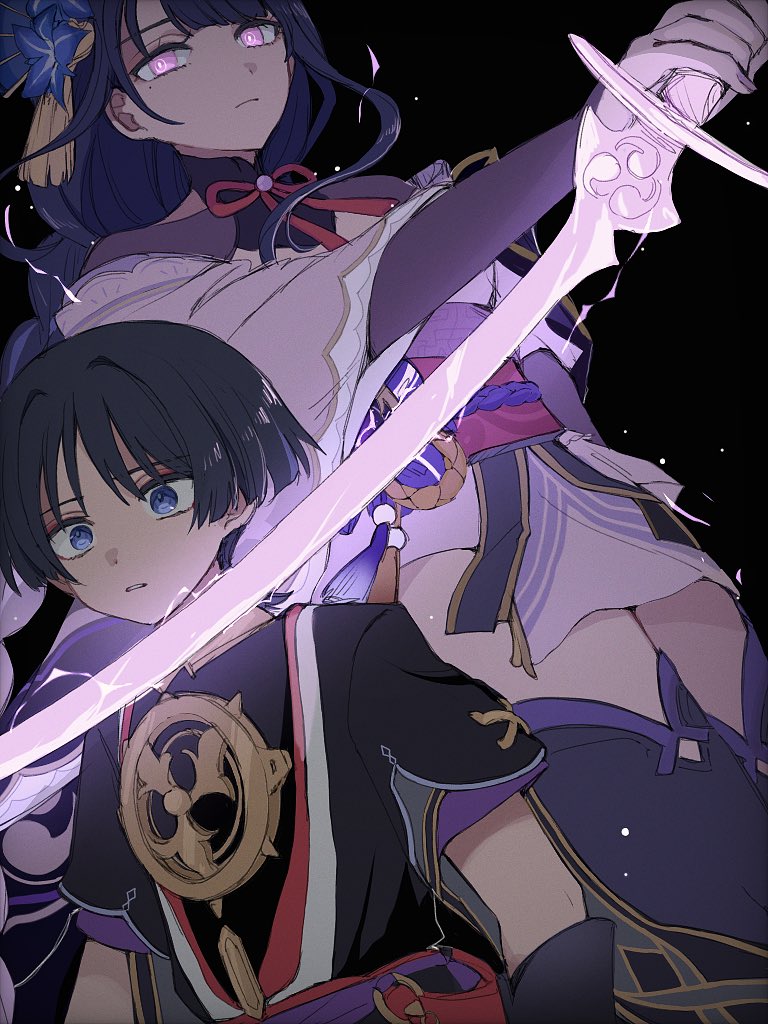 1boy 1girl black_bow black_footwear black_hair black_shirt blue_eyes blunt_ends boots bow braid commentary english_commentary engulfing_lightning_(genshin_impact) frown genshin_impact japanese_clothes kimono long_hair mxxu_box parted_lips purple_eyes purple_hair purple_kimono raiden_shogun scaramouche_(genshin_impact) shirt short_sleeves simple_background surprised thigh_boots wide-eyed