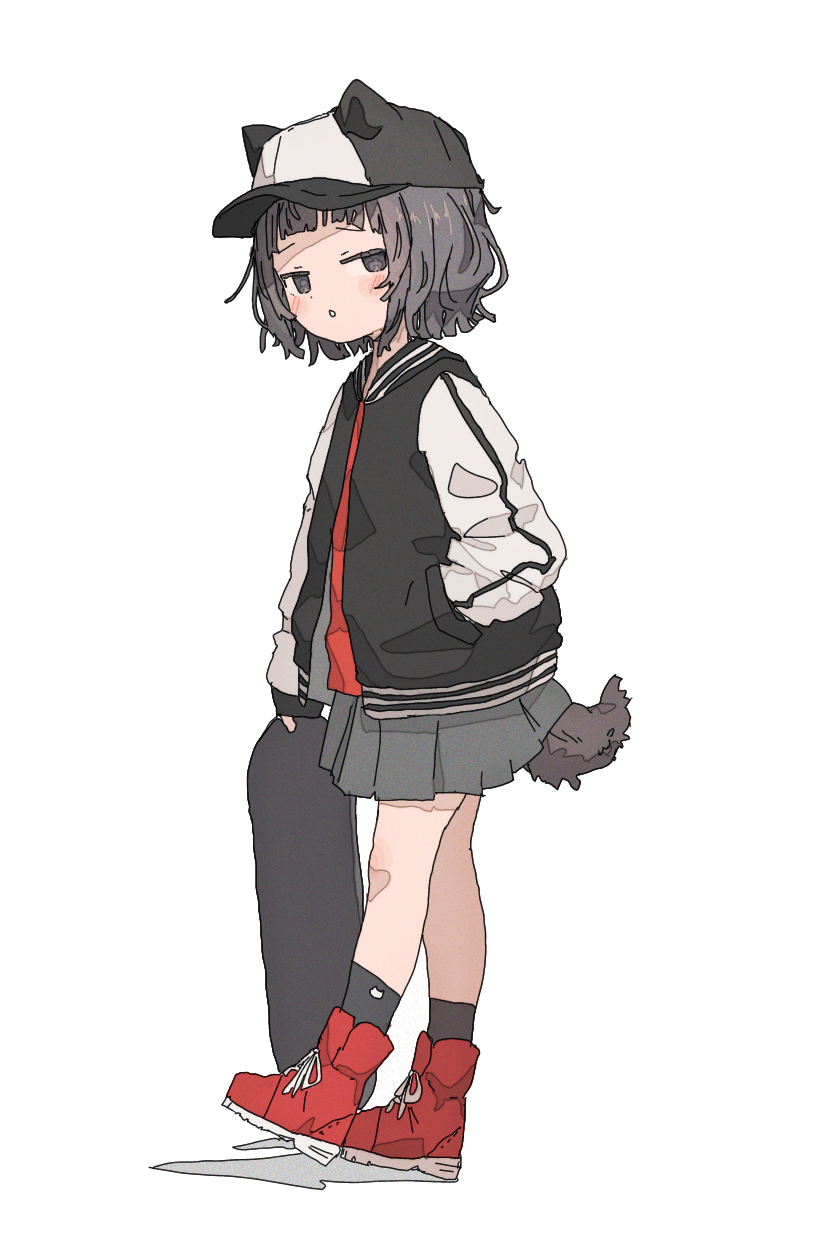 1girl animal_ear_headwear black_jacket black_socks blush fake_animal_ears full_body grey_eyes grey_hair grey_skirt grey_tail hand_in_pocket hat highres jacket long_sleeves looking_at_viewer open_clothes open_jacket open_mouth original red_footwear red_shirt shirt skateboarding skirt socks solo tail uzoumuzo white_background