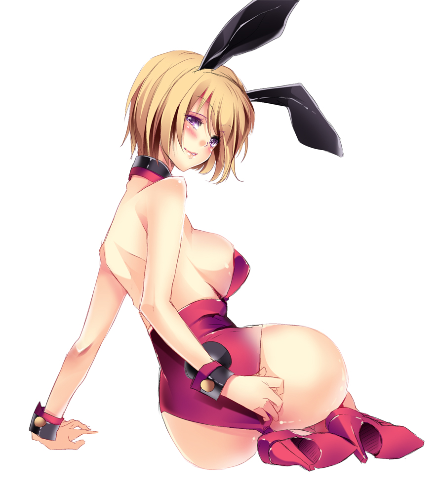 1girl animal_ears ass bad_id bad_pixiv_id bare_legs blonde_hair breasts fake_animal_ears female_focus full_body high_heels large_breasts leotard original playboy_bunny purple_eyes rabbit_ears shoes solo wide_hips yu_(bkks)