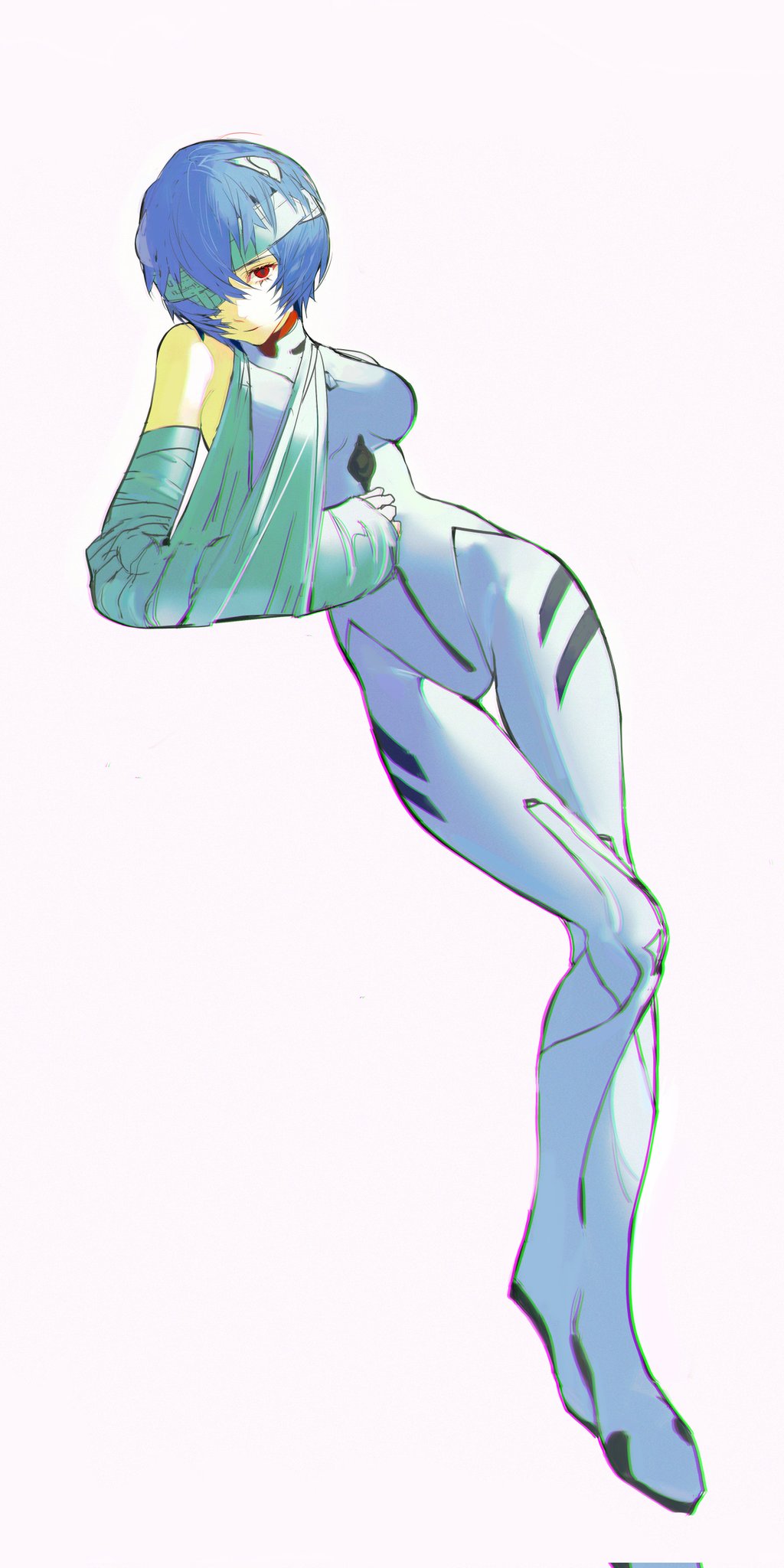 1girl arm_sling ayanami_rei bandaged_head bandages blue_hair bodysuit cast chinese_commentary closed_mouth commentary full_body gauze gauze_over_eye highres injury looking_at_viewer miyu_(shiyemiyu) neon_genesis_evangelion one_eye_covered plugsuit red_eyes short_hair simple_background single_bare_shoulder solo white_background white_bodysuit