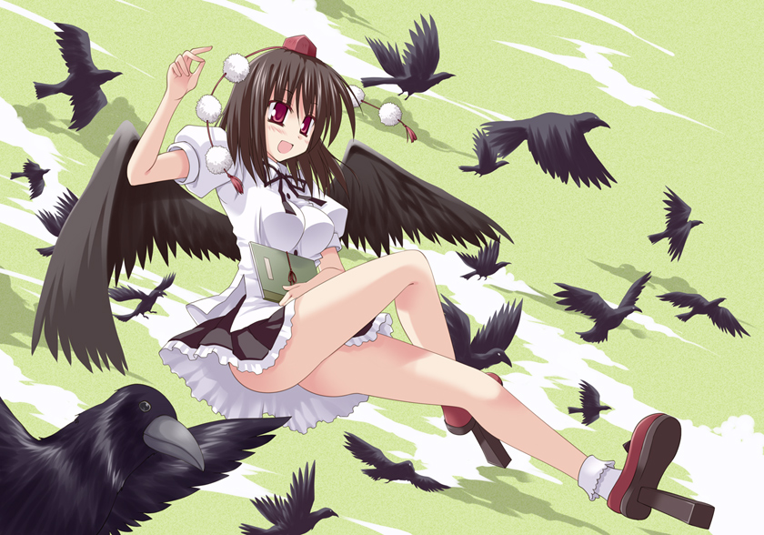 1girl bird brown_hair creaholic crow female_focus geta legs looking_at_viewer red_eyes shameimaru_aya smile solo tengu-geta toshihiro touhou wings