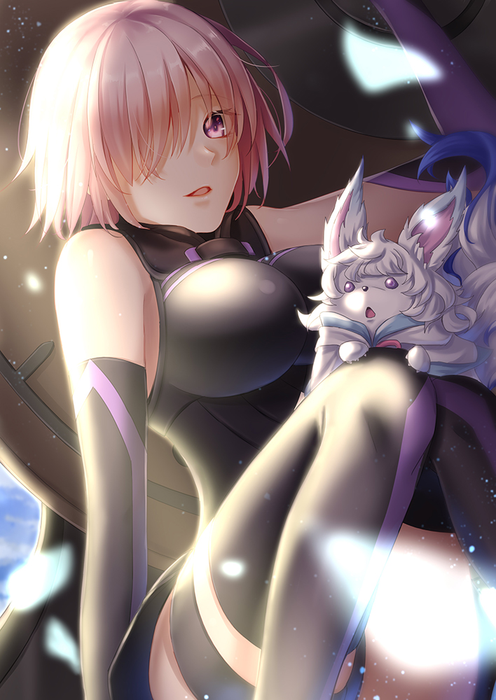 1girl animal_on_leg black_gloves black_leotard black_thighhighs breasts breasts_apart elbow_gloves fate/grand_order fate_(series) fou_(fate) gloves hair_over_one_eye large_breasts leotard mash_kyrielight open_mouth petals pink_hair purple_eyes short_hair sitting solo sumomo7317 thigh_strap thighhighs