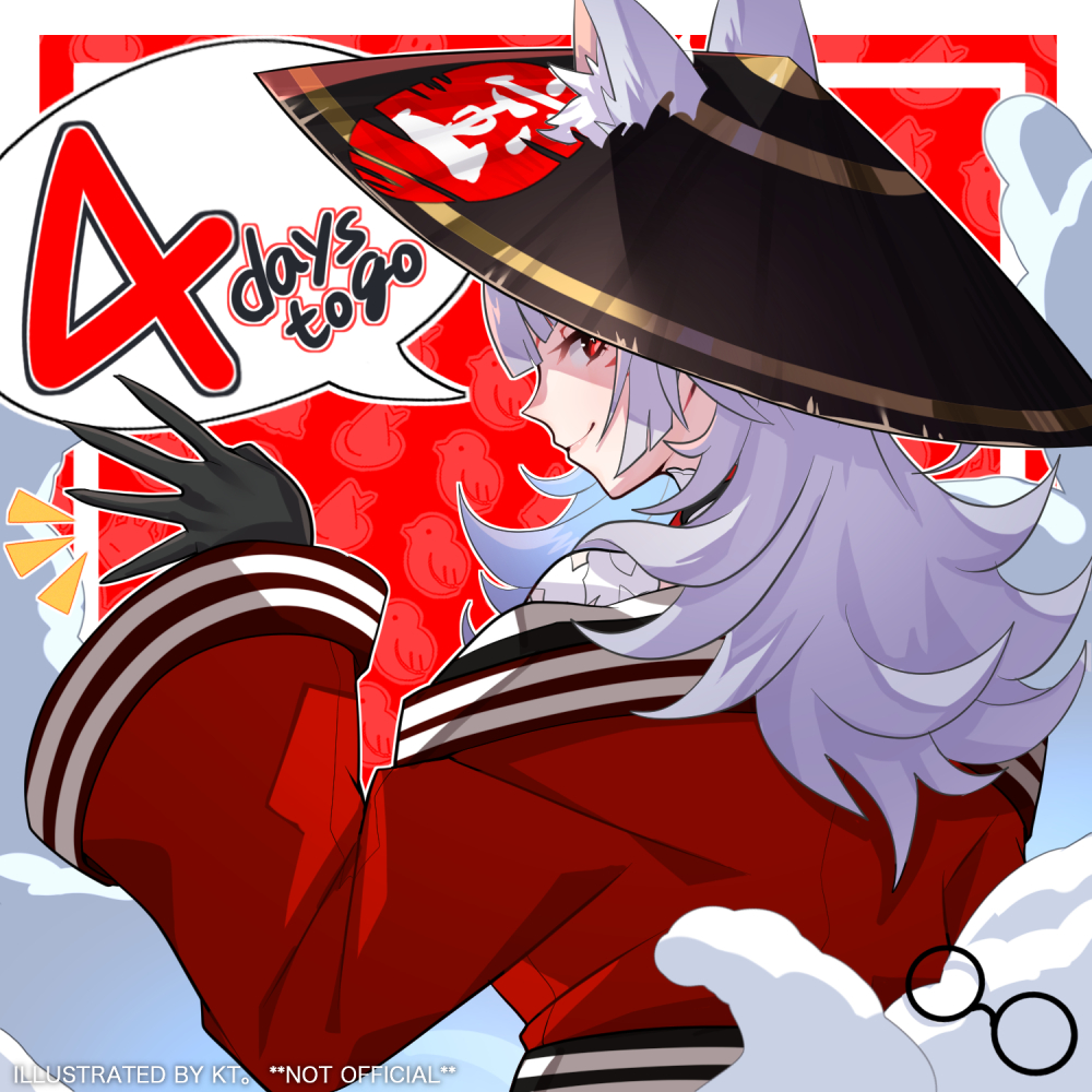 1girl animal_ear_fluff animal_ears black_gloves conical_hat countdown english_text facial_mark fox_ears from_behind gloves grey_hair japanese_clothes kimono kt._(kaisou-notagui) long_hair looking_at_viewer looking_back multiple_tails nijisanji nijisanji_en nina_kosaka nina_kosaka_(1st_costume) off_shoulder red_eyes red_kimono robert_(nina_kosaka) smile solo speech_bubble tail virtual_youtuber waving