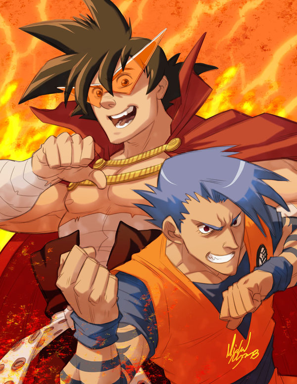 2boys black_hair blue_hair cosplay costume_switch crossover dragon_ball dragonball_z epic kamina_(cosplay) kamina_(ttgl) kamina_shades michael_mayne multiple_boys open_mouth sarashi son_goku_(cosplay) son_goku spiked_hair tengen_toppa_gurren_lagann topless_male