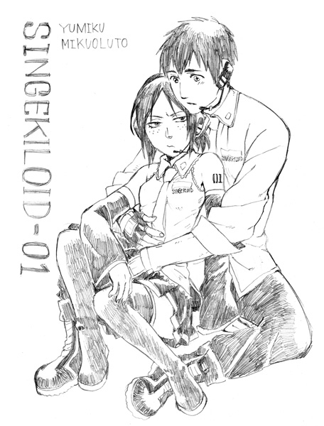 1boy 1girl bare_shoulders bertolt_hoover blush boots cosplay detached_sleeves fingerless_gloves freckles gloves hatsune_miku_(cosplay) headset holding kaito_(cosplay) miniskirt monochrome necktie shingeki_no_kyojin short_hair sitting skirt sleeves_rolled_up tattoo thigh_boots thighhighs vocaloid ymir_(shingeki_no_kyojin)