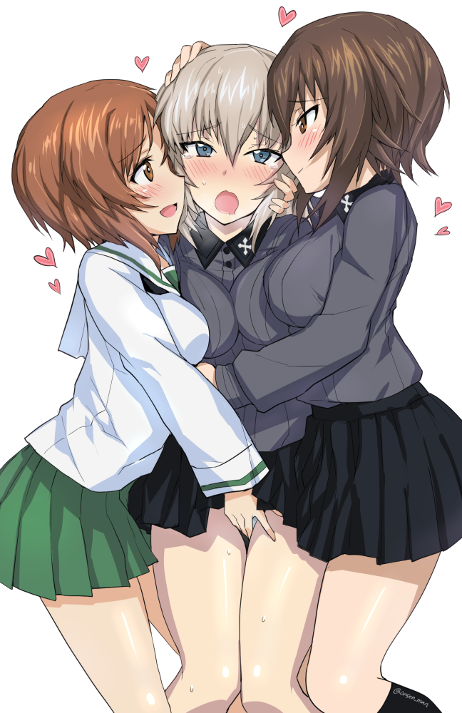 10s 3girls :d bad_id bad_pixiv_id black_skirt black_socks blouse blue_eyes blush breast_press breasts brown_eyes brown_hair fingering girl_sandwich girls_und_panzer green_skirt grey_hair grey_shirt hair_between_eyes hand_on_another&#039;s_face heart itsumi_erika kneehighs long_sleeves looking_at_another medium_breasts multiple_girls nishizumi_maho nishizumi_miho onsen_man ooarai_school_uniform open_mouth panties sailor_collar saliva sandwiched school_uniform serafuku sexual_harassment shirt siblings side_ponytail simple_background sisters skirt smile socks sweat sweatdrop tears underwear wavy_mouth white_background white_panties white_shirt yuri