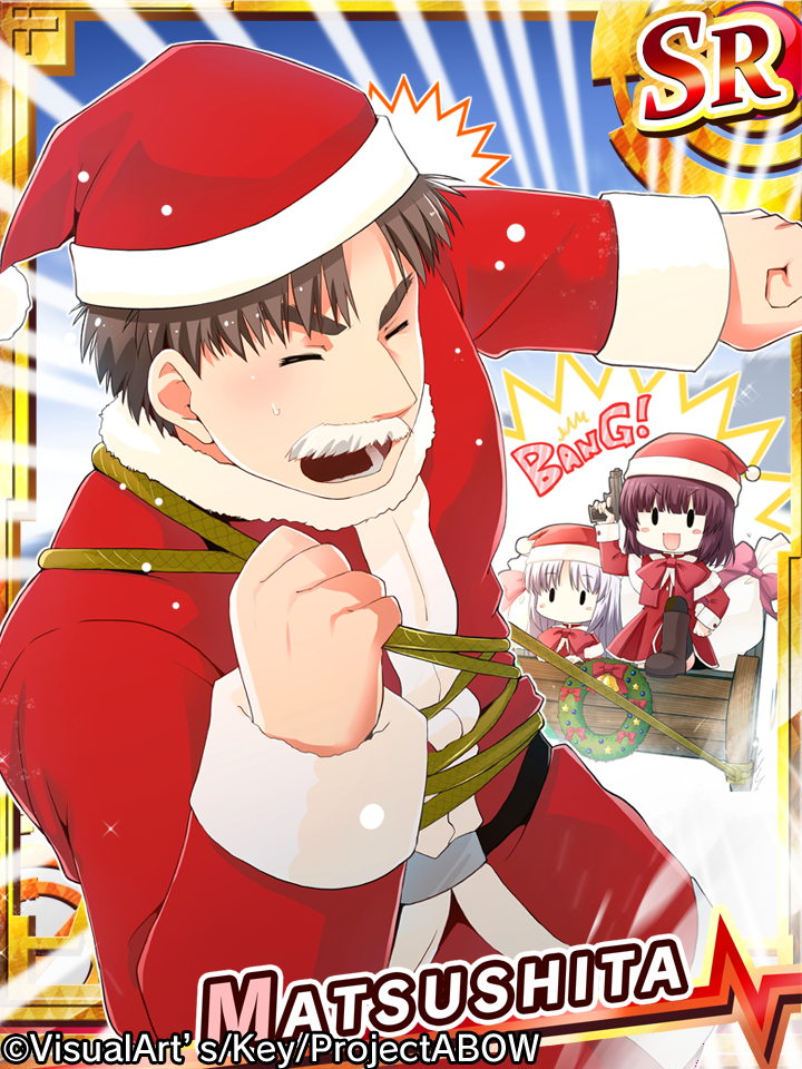 10s 1boy 2girls angel_beats! brown_hair chibi christmas closed_eyes facial_hair gun hat matsushita_(angel_beats!) multiple_girls mustache nakamura_yuri remotaro santa_costume santa_hat short_hair sleigh tenshi_(angel_beats!) thighhighs weapon