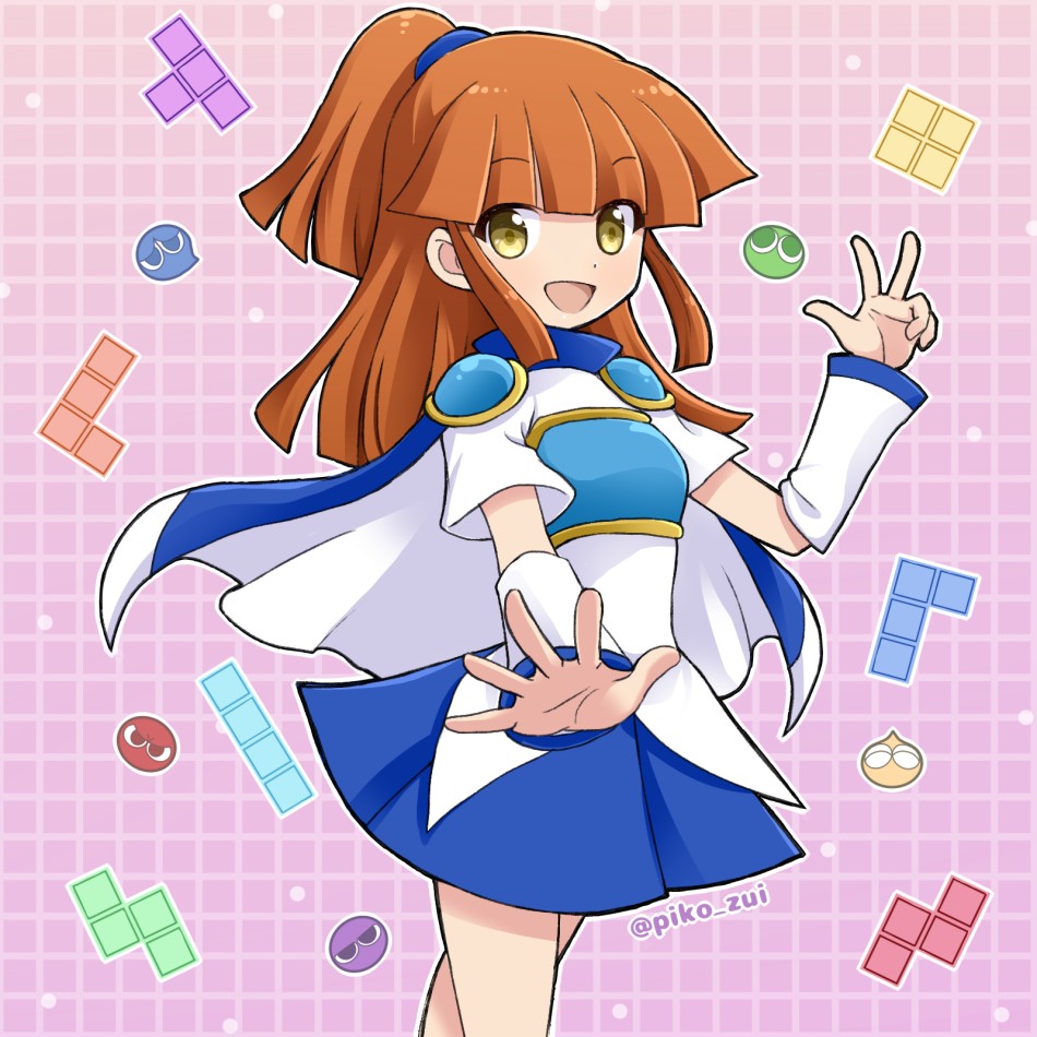 1girl :d arle_nadja arm_at_side armor artist_name blue_cape blue_skirt blunt_bangs blunt_ends breastplate breasts cape crossed_legs detached_sleeves dot_nose gradient_background grid_rack half_updo hand_up happy long_hair looking_at_viewer open_hand open_mouth orange_hair outline pauldrons ponytail purple_background puyo_(puyopuyo) puyopuyo puyopuyo_tetris shirt short_sleeves shoulder_armor sideways_glance skirt small_breasts smile solo split_mouth standing takazaki_piko tetromino three_quarter_view two-sided_cape two-sided_fabric w watson_cross white_cape white_outline white_shirt white_sleeves yellow_eyes