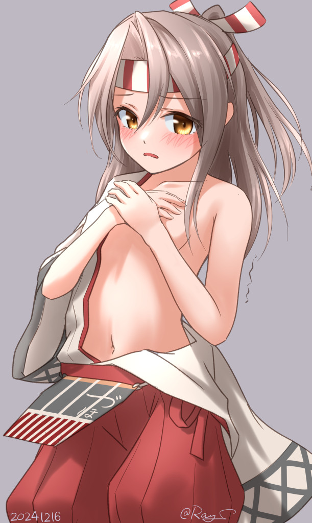 1girl blush breasts brown_eyes brown_hair collarbone commentary_request covering_breasts covering_privates cowboy_shot dated embarrassed grey_background hair_between_eyes hakama hakama_shorts headband japanese_clothes kantai_collection kimono kimono_partially_removed long_hair looking_at_viewer navel one-hour_drawing_challenge one_side_up open_mouth ray.s red_headband red_shorts shorts sidelocks signature simple_background small_breasts solo stomach striped_headband twitter_username wardrobe_malfunction white_headband white_kimono zuihou_(kancolle)