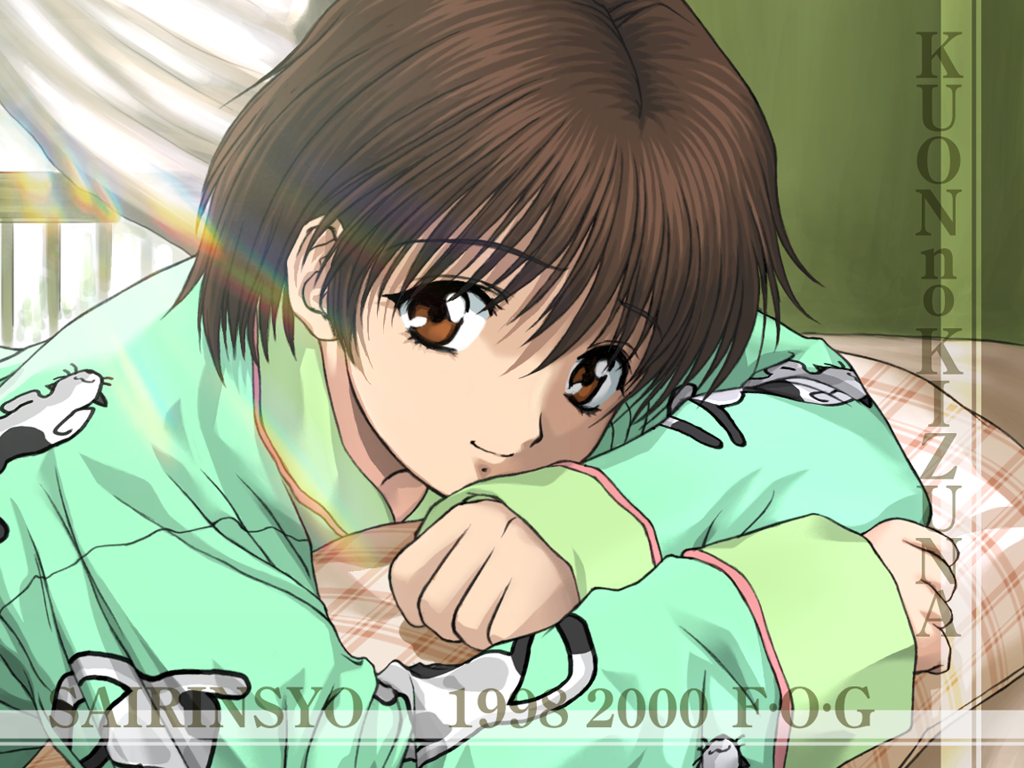 1998 1girl 2000 animal_print artist_request bedroom brown_eyes brown_hair cat_print closed_mouth collar collared_pajamas company_name copyright_name curtains dated day english_text eyelashes full_on_games green_collar green_pajamas green_sleeve_cuffs green_sleeves indoors itsuki_shiori kuon_no_kizuna looking_at_viewer non-web_source official_art official_wallpaper pajamas pillow print_pajamas print_sleeves railing short_hair simple_background sleeves_past_wrists smile solo sunlight upper_body xuse