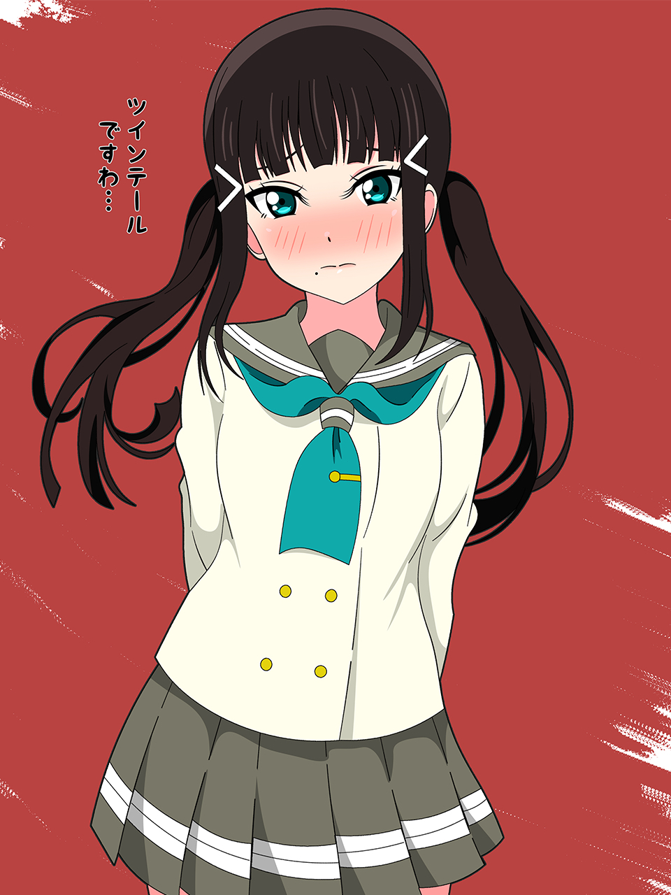 1girl 3: alternate_hairstyle aqua_eyes aqua_neckerchief arms_behind_back black_hair blunt_bangs blush buttons closed_mouth commentary cowboy_shot double-breasted embarrassed grey_sailor_collar grey_skirt highres kurosawa_dia long_hair long_sleeves looking_at_viewer love_live! love_live!_sunshine!! miniskirt mole mole_under_mouth neckerchief nose_blush pleated_skirt red_background sailor_collar school_uniform serafuku shinonome_sakura shirt sidelocks simple_background skirt solo split_mouth tie_clip translated twintails uranohoshi_school_uniform white_shirt winter_uniform