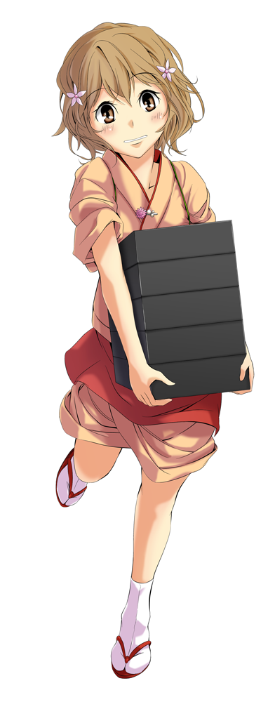 10s 1girl box brown_eyes brown_hair flower hair_flower hair_ornament hanasaku_iroha japanese_clothes matsumae_ohana narumi_nanami running sandals short_hair socks waitress