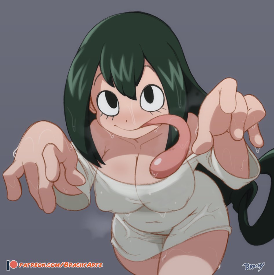 1girl asui_tsuyu black_hair boku_no_hero_academia brachyartz breasts cleavage large_breasts long_hair nipples shirt thighs wet wide_hips