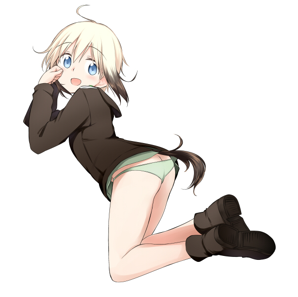 1girl ass black_hair blonde_hair blue_eyes blush boots breasts butt_crack erica_hartmann female_focus flat_ass from_side full_body kneeling looking_at_viewer military military_uniform multicolored_hair simple_background solo strike_witches tail tsuchii_(ramakifrau) two-tone_hair white_background world_witches_series