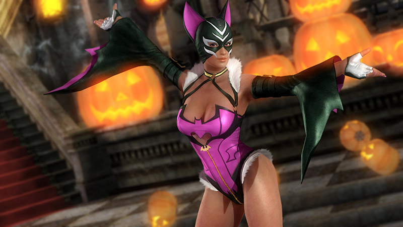 1girl 3d bat_(animal) breasts cleavage dead_or_alive dead_or_alive_5 female_focus la_mariposa_(doa) large_breasts lisa_hamilton luchadora official_art pumpkin solo