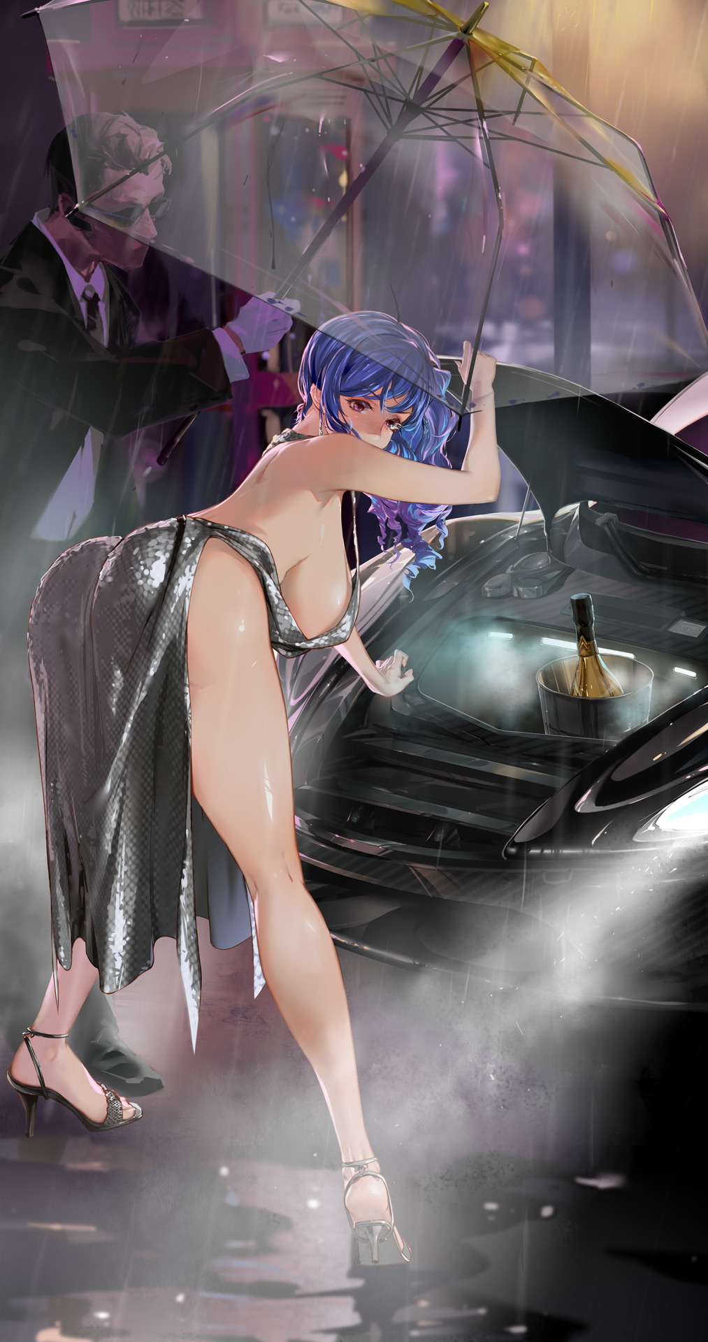 1boy 1girl arm_up azur_lane backless_dress backless_outfit bare_shoulders black_footwear black_neckwear blue_hair breasts bucket car champagne_bottle commentary dm_(dai_miao) dress earrings evening_gown feet formal_clothes gloves grey_dress halter_dress halterneck high_heels highres holding holding_umbrella jewelry large_breasts leaning legs legs_apart light long_hair looking_back motor_vehicle outdoors pigeon-toed pink_eyes plunging_neckline rain revealing_clothes shiny_clothes shiny_skin side_ponytail sidelocks silver_dress st._louis_(azur_lane) st._louis_(luxurious_wheels)_(azur_lane) standing suit sunglasses thighs transparent transparent_umbrella umbrella white_gloves