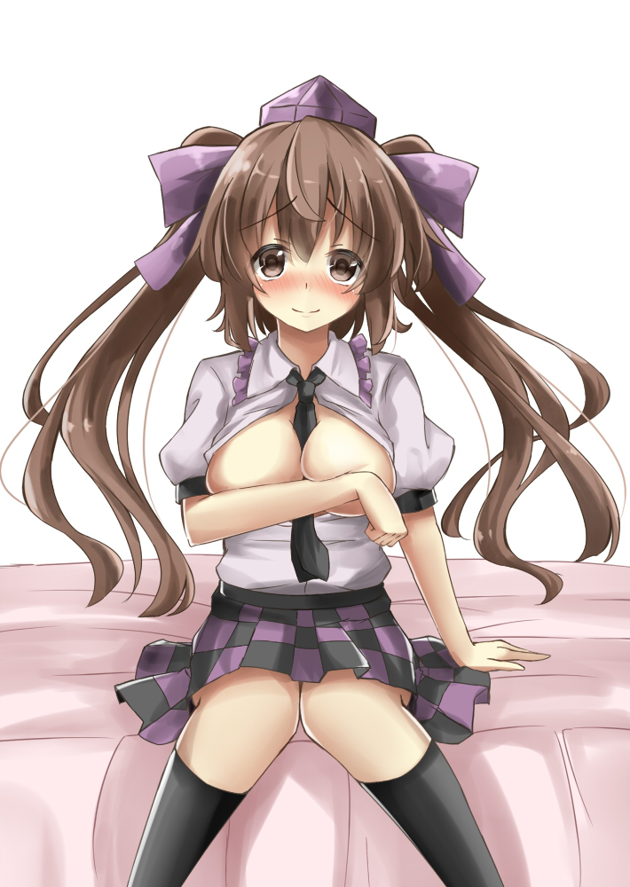 1girl bed between_breasts blush breasts breasts_out brown_eyes brown_hair checkered_clothes checkered_skirt covering_breasts covering_privates deetamu female_focus hair_ribbon hat himekaidou_hatate large_breasts long_hair looking_at_viewer necktie necktie_between_breasts no_bra on_bed open_clothes open_shirt puffy_sleeves ribbon shirt short_sleeves simple_background sitting skirt smile solo tam-out_(datam) tokin_hat touhou twintails very_long_hair white_background