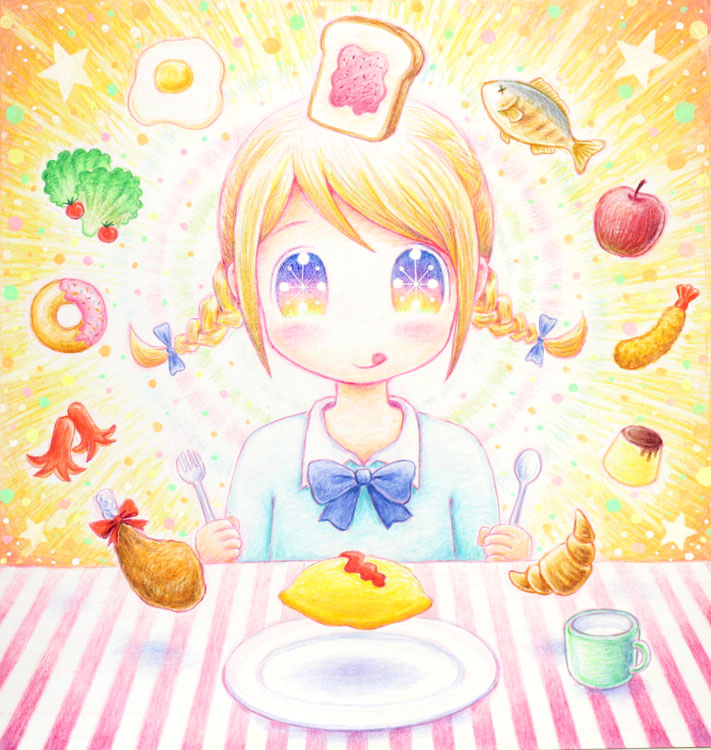 1girl apple aura blonde_hair bow braid bread bread_slice chicken_(food) chicken_leg croissant cup donut egg_(food) female_focus fish floating floating_object food fork fried_chicken fruit hair_bow halo holding holding_fork holding_spoon jam leica lettuce looking_at_viewer mug multicolored_eyes omelet omurice original plate pudding sausage shrimp shrimp_tempura solo spoon star_(symbol) striped_tablecloth sunny_side_up_egg tablecloth tempura toast tomato tongue tongue_out