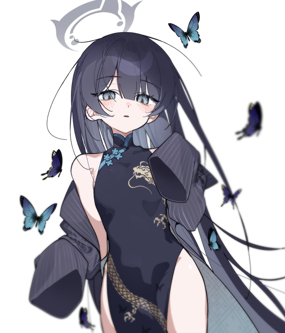 1girl bare_legs bare_shoulders black_coat black_dress blue_archive blush breasts bug butterfly china_dress chinese_clothes coat cowboy_shot dandandanholo dot_nose dragon_print dress grey_eyes grey_hair grey_halo halo insect kisaki_(blue_archive) long_hair looking_at_viewer off_shoulder open_mouth parted_lips pelvic_curtain pinstripe_jacket pinstripe_pattern print_dress side_slit simple_background sleeveless sleeveless_dress sleeves_past_fingers sleeves_past_wrists small_breasts standing thighs white_background