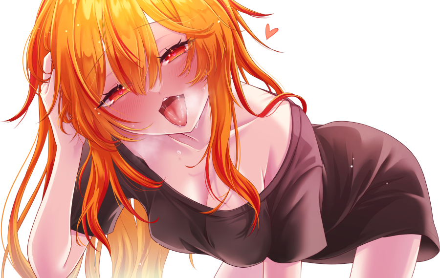 1girl bent_over black_shirt blush breasts cleavage collarbone commentary_request cowboy_shot fang hair_between_eyes half-closed_eyes hand_in_own_hair hanging_breasts heart heart-shaped_pupils kazami_kuku long_bangs long_hair looking_at_viewer medium_breasts naked_shirt nanashi_inc. open_mouth orange_eyes orange_hair reona_kfc02 saliva shirt short_sleeves sidelocks simple_background smile solo symbol-shaped_pupils tongue tongue_out transparent_background virtual_youtuber