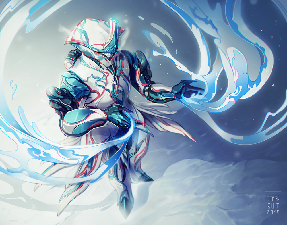 1boy artist_name bodysuit cold frost_(warframe) full_body grin helmet ice male_focus smile solo standing steam steelsuit teeth warframe