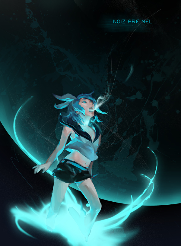 1girl aqua_theme avtechno! blue_eyes blue_hair female_focus glowing hair_ribbon kagamine_rin matching_hair/eyes midriff navel noiz_are_nel_(vocaloid) ribbon short_hair shorts solo uns uns_(u-ness) vocaloid