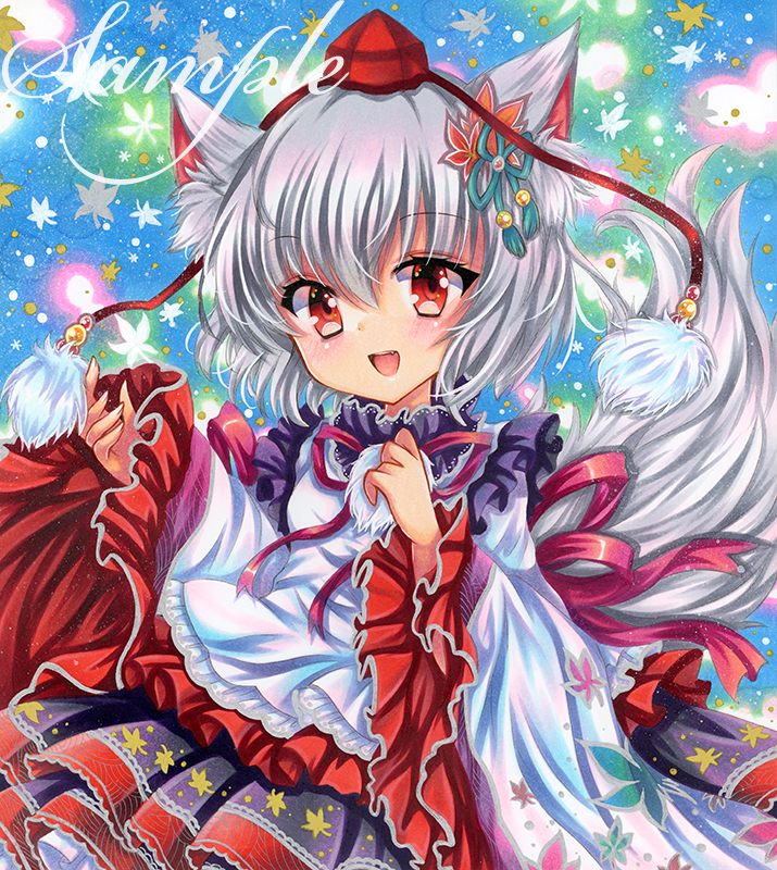 1girl adapted_costume animal_ears black_skirt grey_hair grey_tail hat inubashiri_momiji long_sleeves marker_(medium) neck_ribbon pom_pom_(clothes) red_eyes red_hat red_ribbon ribbon rui_(sugar3) shirt short_hair skirt solo tail tokin_hat touhou traditional_media white_shirt wide_sleeves wolf_ears wolf_tail