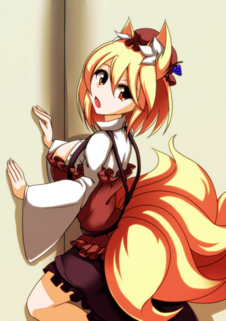 1girl against_wall aki_minoriko aki_minoriko_(cosplay) animal_ears blonde_hair blouse breasts cosplay female_focus fingernails food fox_ears fox_tail fruit grapes hat large_breasts long_sleeves looking_at_viewer looking_back merry_(diameri) mob_cap multiple_tails open_clothes open_mouth open_shirt shirt short_hair sideboob skirt solo suspenders tail touhou wide_sleeves yakumo_ran yellow_eyes