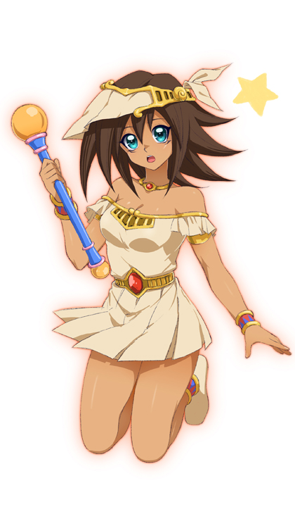 1girl ancient_egyptian bad_id bad_pixiv_id bare_shoulders blue_eyes bracelet breasts brown_dress brown_hair chiyo_(no3baki) choker cleavage dark-skinned_female dark_magician_girl dark_skin dress duel_monster female_focus full_body hat jewelry looking_at_viewer mana_(yu-gi-oh!) off-shoulder_dress off_shoulder open_mouth solo staff yu-gi-oh! yu-gi-oh!_duel_monsters