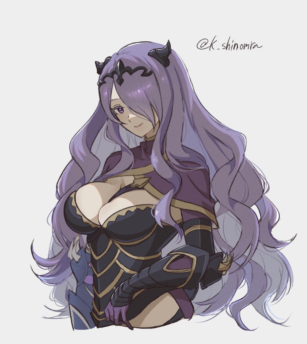 1girl armor armored_dress between_breasts black_armor black_dress breasts camilla_(fire_emblem) cleavage cloak closed_mouth commentary_request cropped_torso dress fire_emblem fire_emblem_fates gauntlets gloves hair_ornament hair_over_one_eye karashino large_breasts lips long_hair looking_at_viewer nintendo one_eye_covered pink_lips purple_cloak purple_eyes purple_gloves purple_hair simple_background smile solo tiara twitter_username very_long_hair wavy_hair white_background