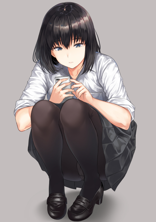 1girl ameno_shigure black_footwear black_hair black_pantyhose black_skirt blue_eyes breast_pocket cellphone closed_mouth collared_shirt dress_shirt full_body grey_background holding holding_phone loafers long_hair looking_at_phone mask miniskirt original panties panties_under_pantyhose pantyhose pantyshot phone pleated_skirt pocket school_uniform shirt shoes short_sleeves simple_background skirt smartphone solo squatting underwear upskirt wing_collar