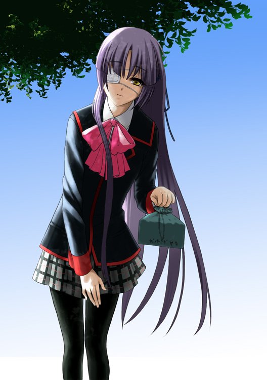 1girl bad_id bad_pixiv_id bow eyepatch female_focus koshiki_miyuki little_busters! long_hair pantyhose pink_bow plaid_clothes plaid_skirt school_uniform serafuku skirt solo touichi yellow_eyes