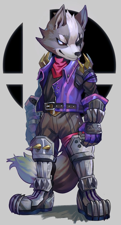 1boy alternate_color armored_boots armored_gloves bandana bandana_around_neck belt belt_buckle black_belt black_pants black_shirt boots buckle collared_jacket evil_smile eyepatch fingerless_gloves furry furry_male gloves grey_background grey_fur jacket looking_to_the_side male_focus nintendo official_alternate_color one_eye_covered open_clothes open_jacket pants purple_gloves purple_jacket red_bandana shirt shirt_tucked_in smile solo standing star_fox super_smash_bros. super_smash_bros._logo uzucake white_fur wing_collar wolf_boy wolf_o&#039;donnell