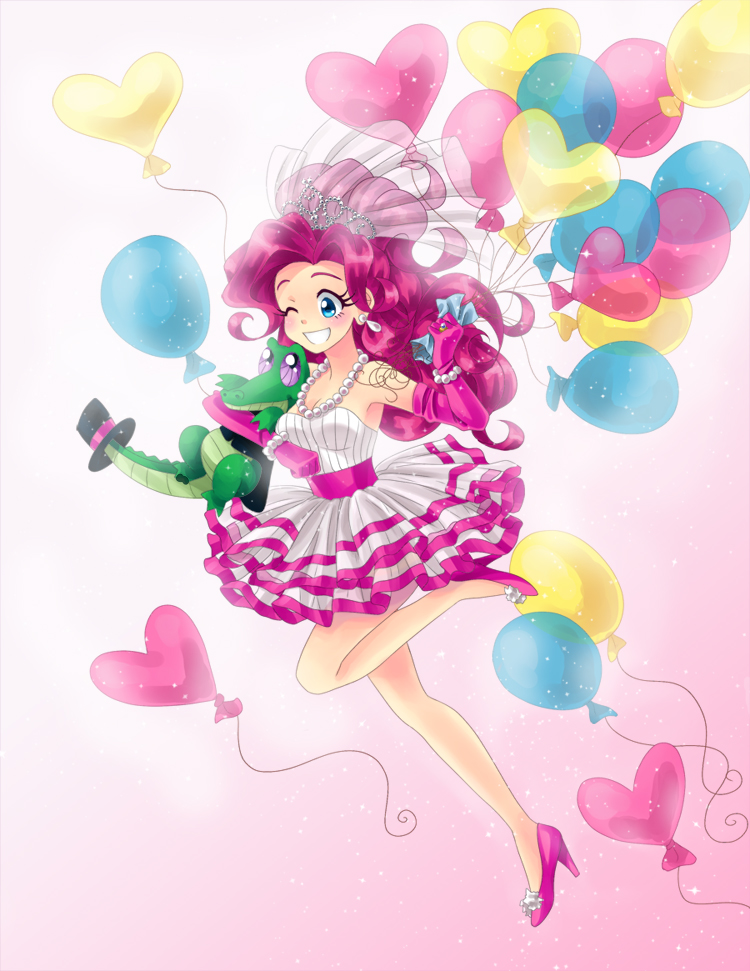 1girl balloon blue_eyes bridal_gauntlets crocodilian dress gummy_(my_little_pony) heart_balloon my_little_pony my_little_pony:_friendship_is_magic one_eye_closed personification pet pink_hair pinkie_pie semehammer wedding_dress