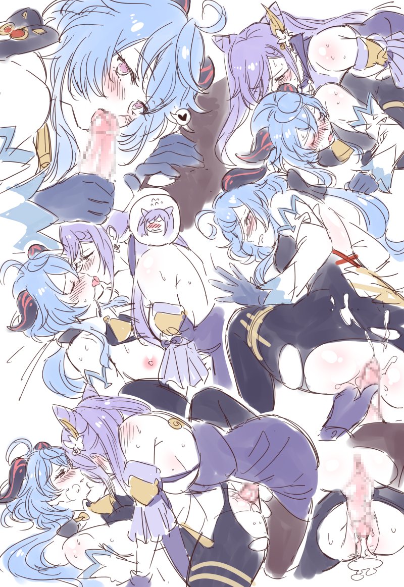 1futa 1girl ahoge ass blue_hair blush breasts censored cone_hair_bun fellatio fingering futa_with_female futanari ganyu_(genshin_impact) genshin_impact goat_horns hair_bun horns keqing_(genshin_impact) long_hair mosaic_censoring negom nipples oral pantyhose penis purple_hair pussy red_eyes sex simple_background sweat torn_clothes torn_legwear vaginal white_background