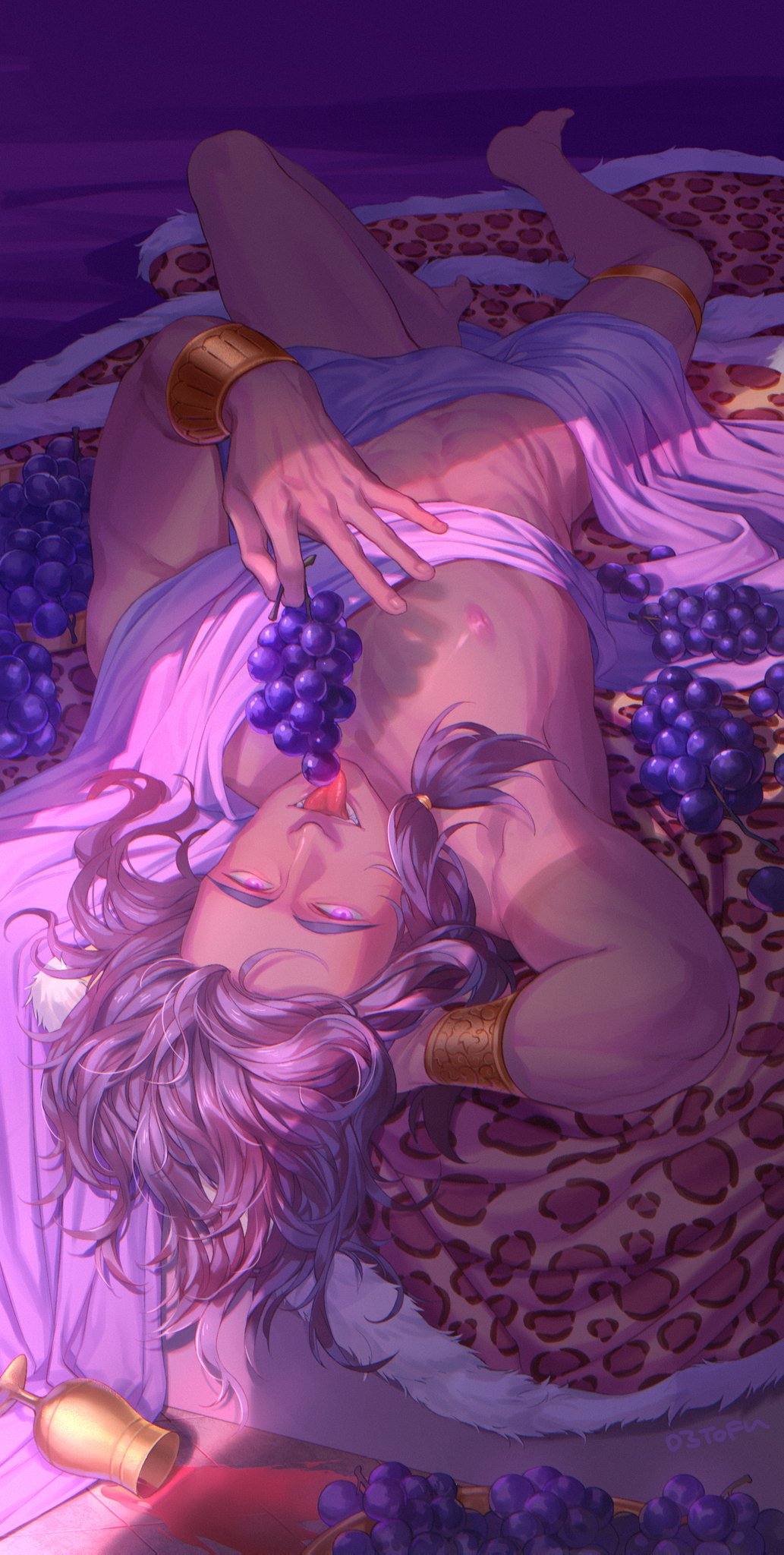 1boy abs alcohol anklet armlet bara biceps cup dionysus_(hades) drinking_glass food fruit grapes hades_(series) hades_1 highres jewelry long_hair looking_at_viewer lying male_focus muscular muscular_male nipples o3tofu pectoral_cleavage pectorals purple_eyes tongue tongue_out wine wine_glass