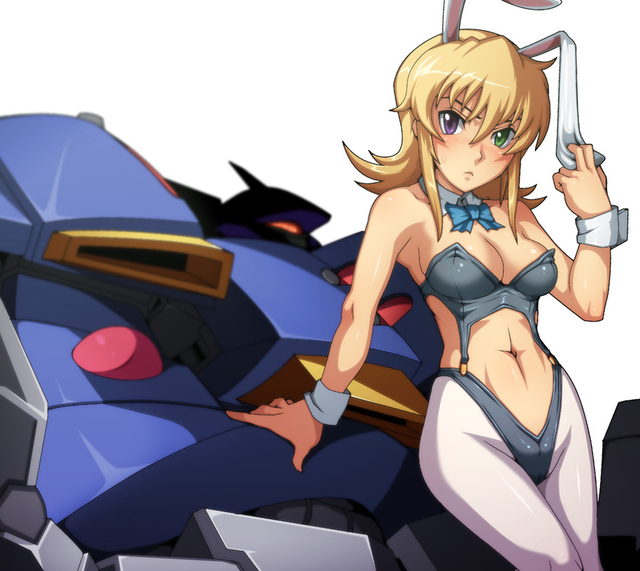 1girl animal_ears banpresto blonde_hair bow bowtie embarrassed fake_animal_ears gespenst heterochromia katina_tarask leotard mecha navel pantyhose playboy_bunny rabbit_ears robot super_robot_wars super_robot_wars_original_generation sweatdrop tabigarasu white_pantyhose wrist_cuffs