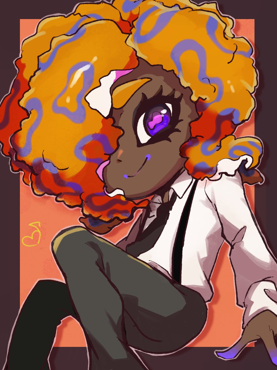 1girl black_border black_necktie black_pants border collared_shirt dark-skinned_female dark_skin feet_out_of_frame highres long_sleeves looking_at_viewer memeno333 necktie nintendo orange_hair outline pants patterned_hair purple_eyes shadow shirt shirt_tucked_in solo splatoon_(series) splatoon_3 suspenders tao_blu tentacle_hair white_outline white_shirt