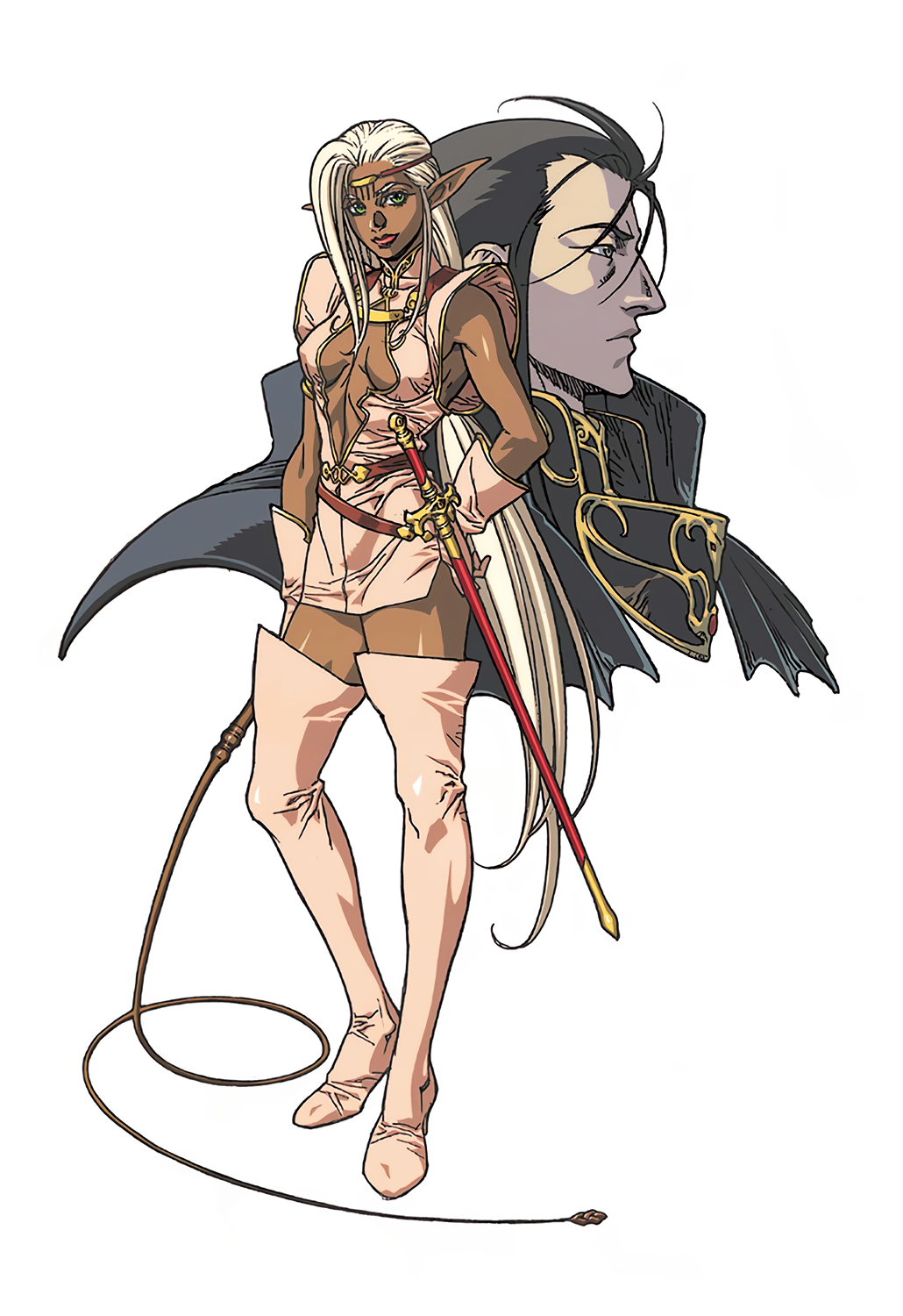 1990s_(style) 1boy 1girl ashram_(lodoss) black_hair boots dark-skinned_female dark_skin gloves green_eyes highres holding holding_whip long_hair long_pointy_ears non-web_source official_art pink_gloves pirotess pointy_ears record_of_lodoss_war retro_artstyle sheath sheathed simple_background standing sword thigh_boots thighhighs very_long_hair weapon white_background white_hair yuuki_nobuteru