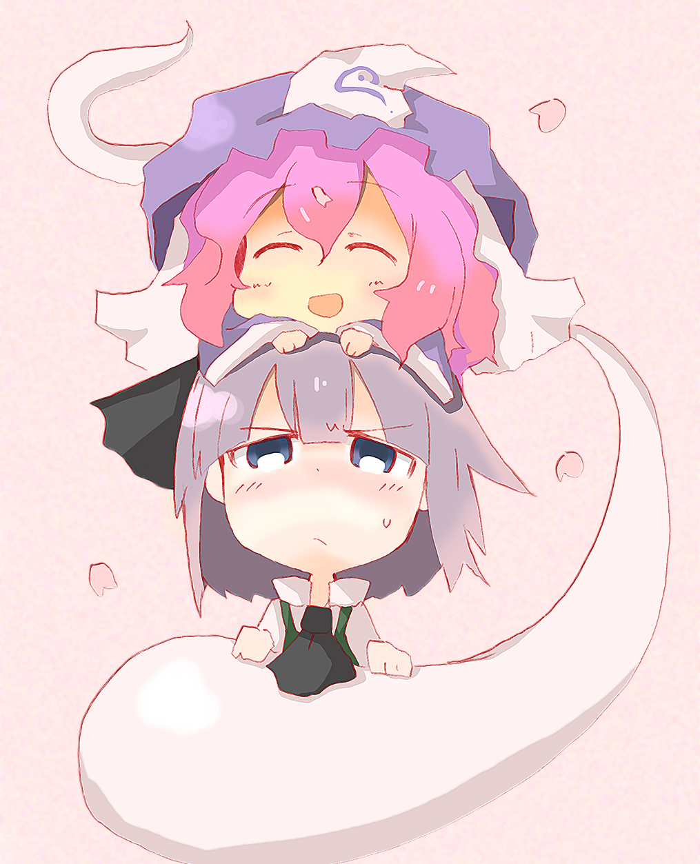 2girls :/ bad_id bad_pixiv_id blush chibi crie female_focus frown ghost hat highres konpaku_youmu konpaku_youmu_(ghost) multiple_girls petals saigyouji_yuyuko smile sukima_(crie) touhou