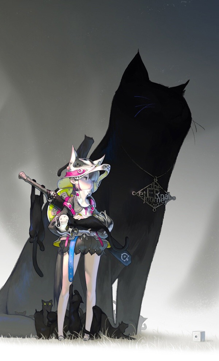 1girl animal_ears armor artist_logo bare_legs black_cat cat english_text fantasy grass grey_background helmet holding holding_animal holding_cat jewelry letme logo necklace original petting scabbard sheath shield shield_on_back short_hair standing strap sword weapon weapon_on_back whiskers