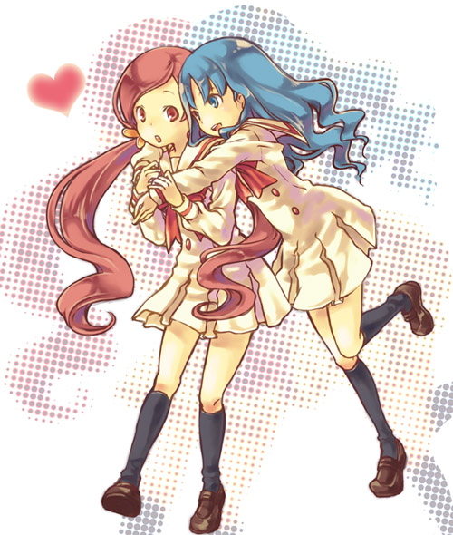 10s 2girls bad_id bad_pixiv_id blue_eyes blue_hair chiko_(mizuho) hanasaki_tsubomi heart heartcatch_precure! hug hug_from_behind kneehighs kurumi_erika long_hair multiple_girls pink_eyes pink_hair precure school_uniform socks twintails wavy_hair yuri